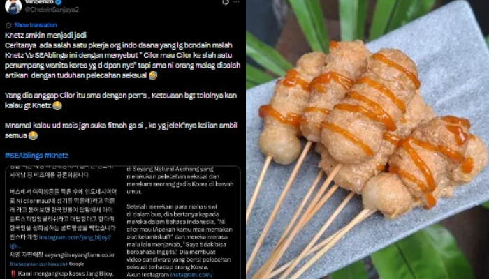 Cuitan @ChelvinSanjaya2, me-repost unggahan KNetz  yang salah mengartikan cilor hingga menuding konten kreator Indonesia melakukan pelecehan (foto kiri). Cilor, jajanan asal Indonesia (foto kanan)