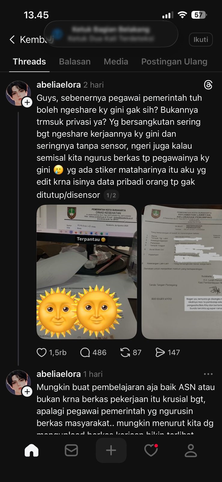 Tangkapan layar di threads yang disoal.