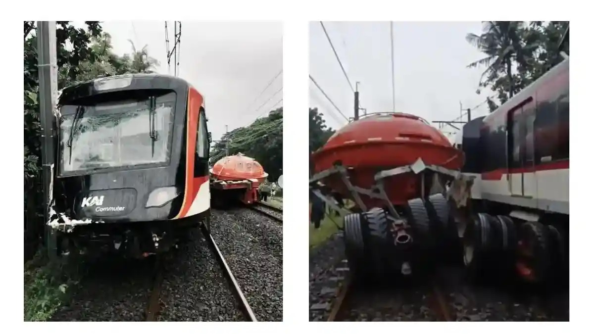 Kereta Bandara tertemper truk di Stasiun Poris, Tangerang. Sebanyak 12 perjalanan Commuter Line dibatalkan akibat insiden pagi ini.