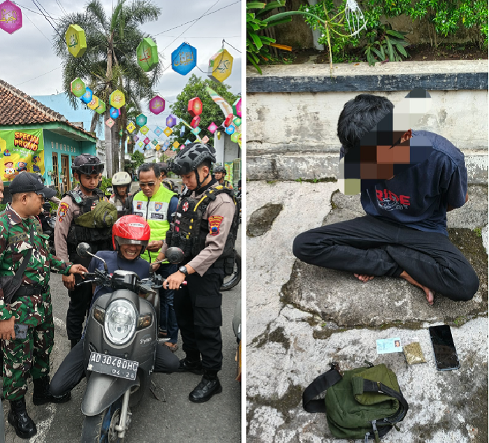 Warga dan aparat amakan pelaku curanmor di Pajang, Kota Solo. Foto kanan, dalam tas pelaku ditemukan tembakau gorila alias ganja sintetis.