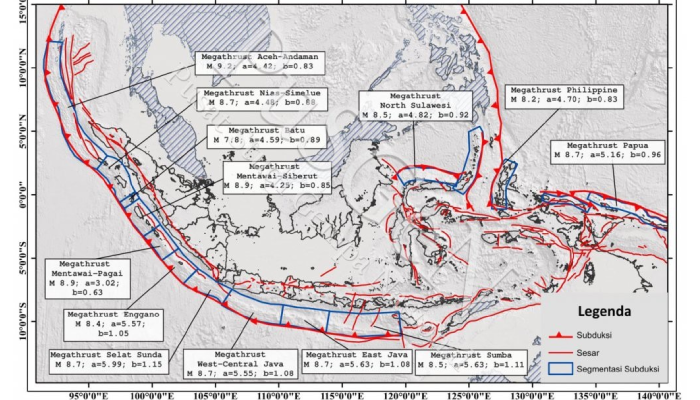 Peta zona gempa megathrust.