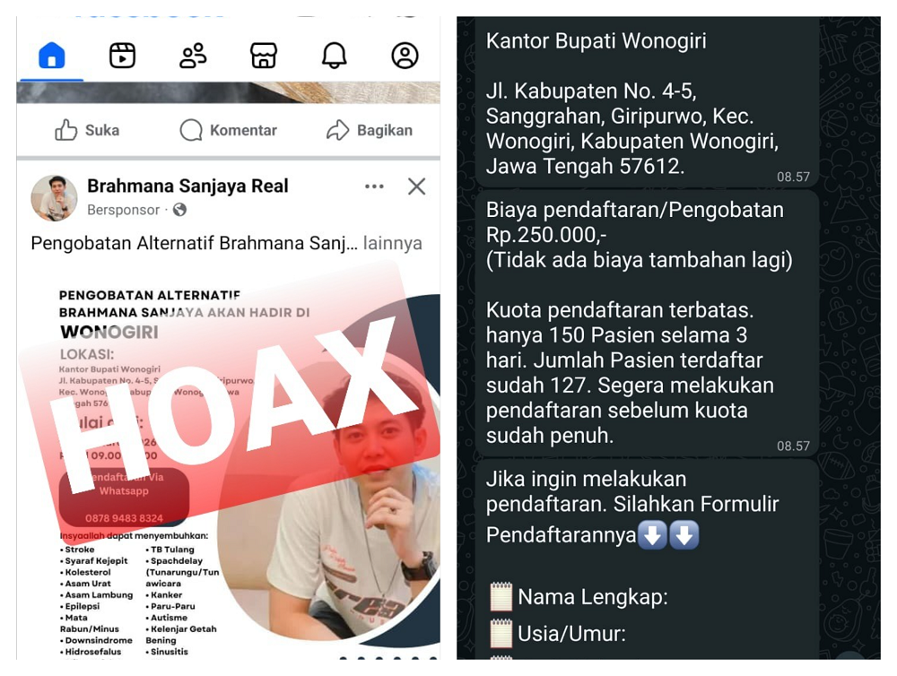Berita bohong tentang pengobatan alternatif Brahmana Sanjaya di kantor bupati WOnogiri yang disebarkan lewat media sosial.