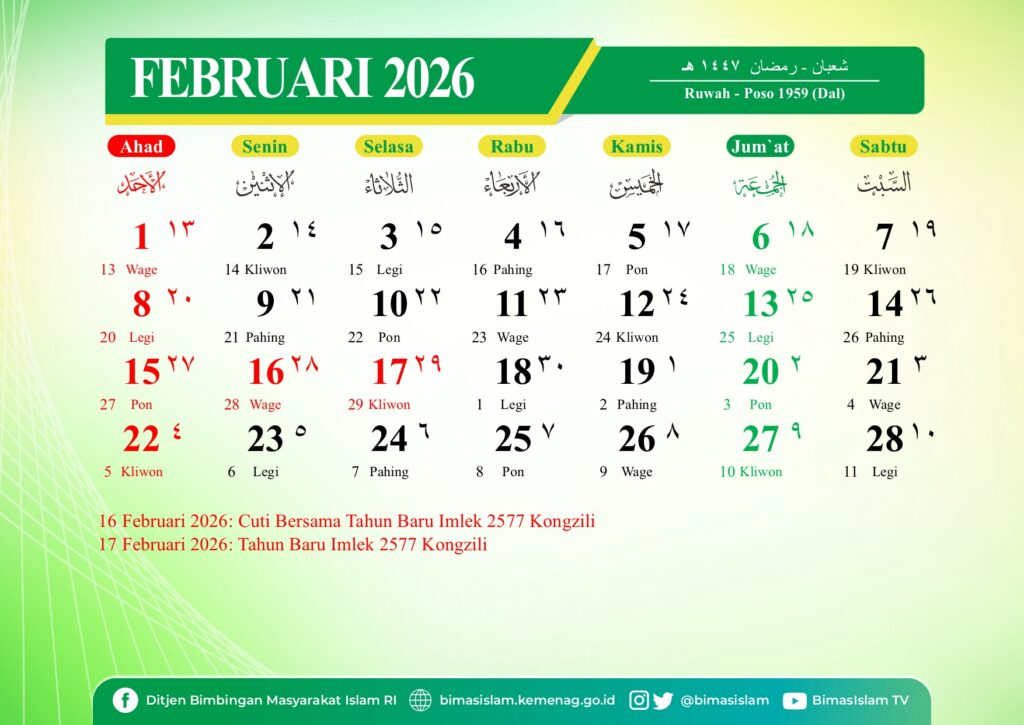 Kalender Jawa Hari Ini Kamis Wage 26 Februari 2026 lengkap Weton, Pasaran, dan Watak hari berdasarkan penanggalan Jawa dan Hijriah.