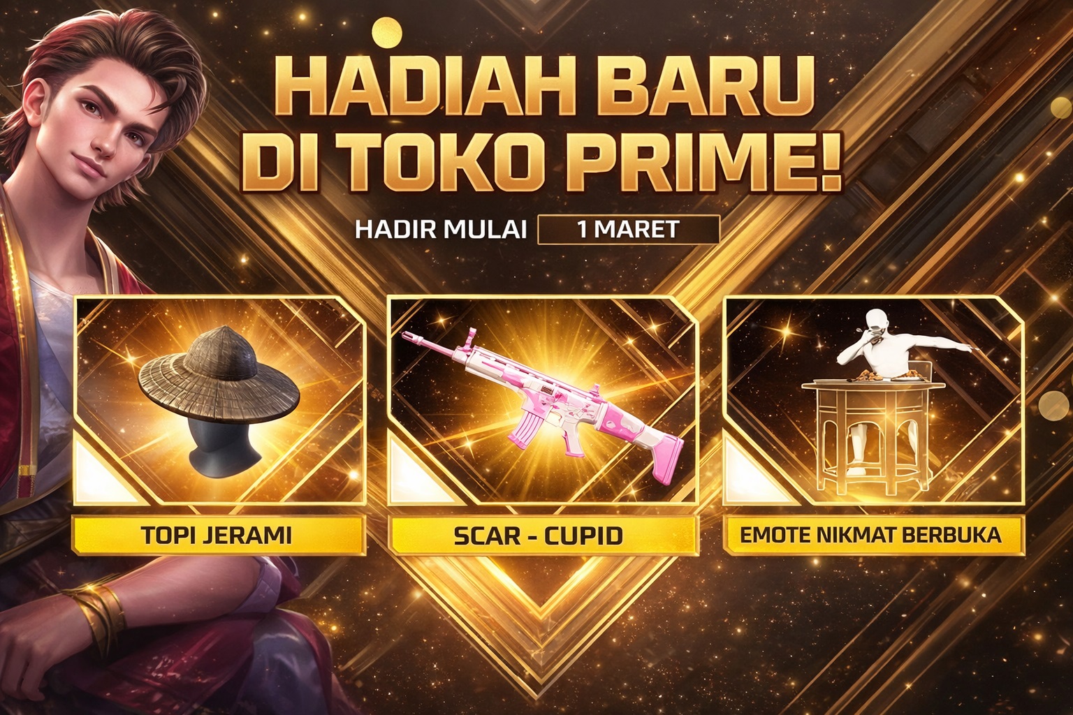 33 kode redeem Free Fire 28 Februari 2026, bocoran Celana Angel Ungu dan Topi Jerami di Toko Prime Maret plus event Ramadan Booyah.