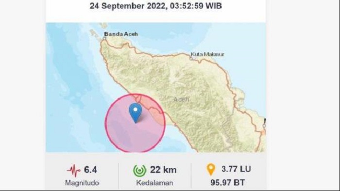 Gempa Hari Ini di Aceh magnitudo 6,5 menurut BMKG. Gempa Terkini tidak berpotensi tsunami, pusat 61 km Tenggara Sinabang.