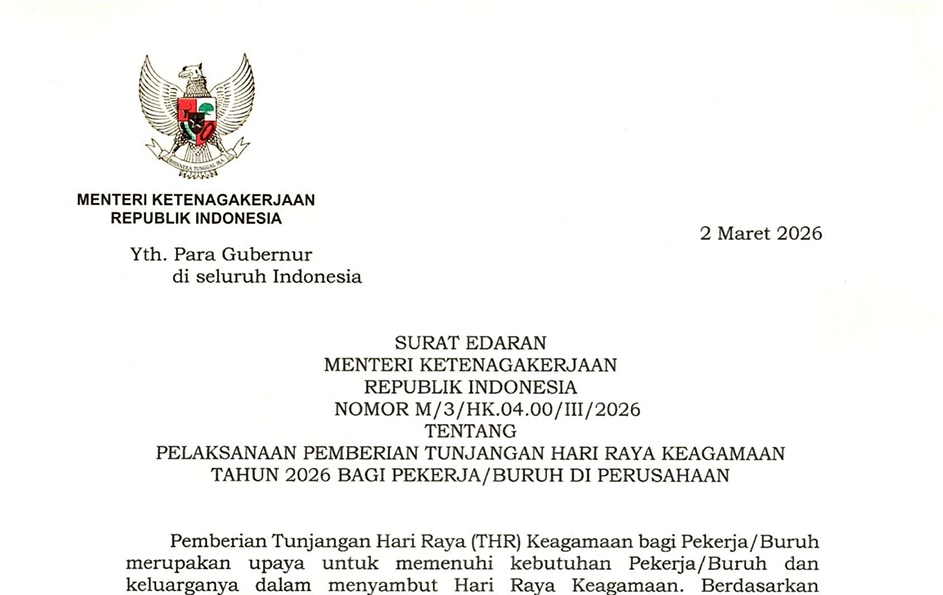 Resmi! Surat Edaran THR 2026 Diteken Menaker Yassierli, 26,5 Juta Pekerja Swasta Wajib Terima THR Penuh Tanpa Cicilan, Ini Link Download PDF