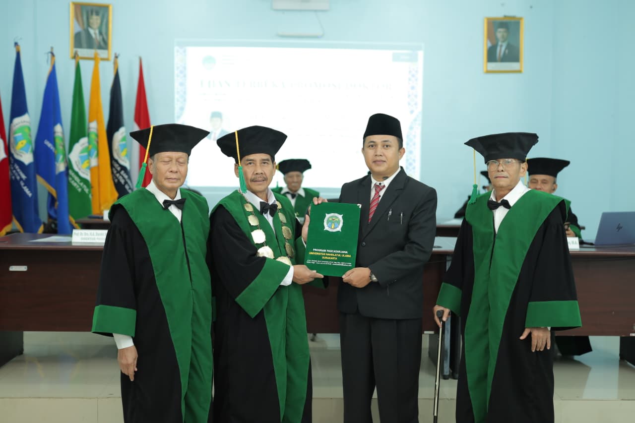 LEGA: Ujud Supriaji menjalani ujian terbuka promosi doktor Program Studi Pendidikan Agama Islam (PAI) Universitas Nahdlatul Ulama (UNU) Surakarta.