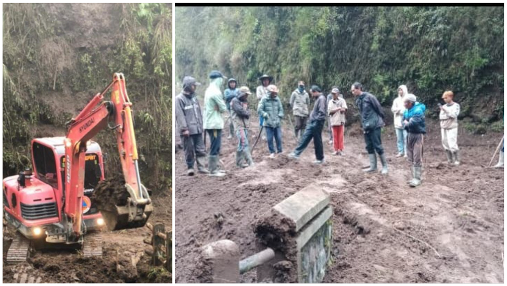  Alat berat BPBD Boyolali bersihkan material longsor di akses jalan utama antardukuh di Desa Lencoh, Selo. Foto kanan warga di lokasi kejadian.