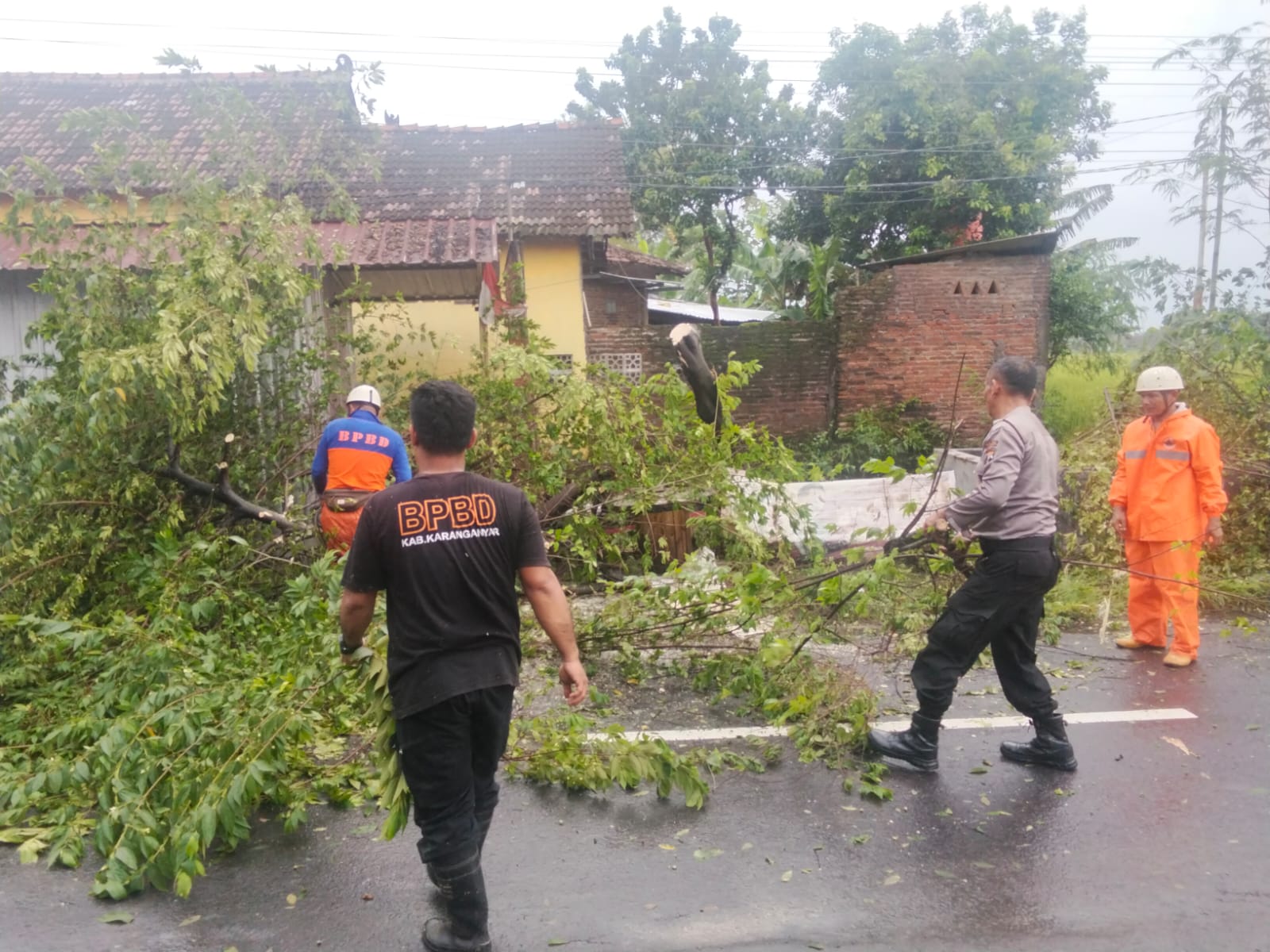 Relawan BPBD Karanganyar bersama aparat kepolisian mengevakuasi pohon tumbang di jalan raya, Kecamatan Kebakkramat, Jumat (6/3/2026) sore. (Rudi Hartono/Radar Solo)