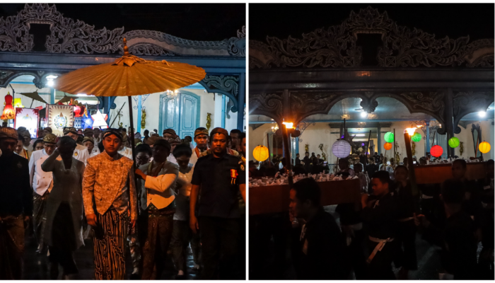 Kirab Malam Selikuran versi KGPAA Hamangkunegoro Sudibya Rajaputra Narendra Mataram (Gusti Purbaya). Foto kanan versi KGPH Mangkubumi, Senin (9/3/2026) malam. 