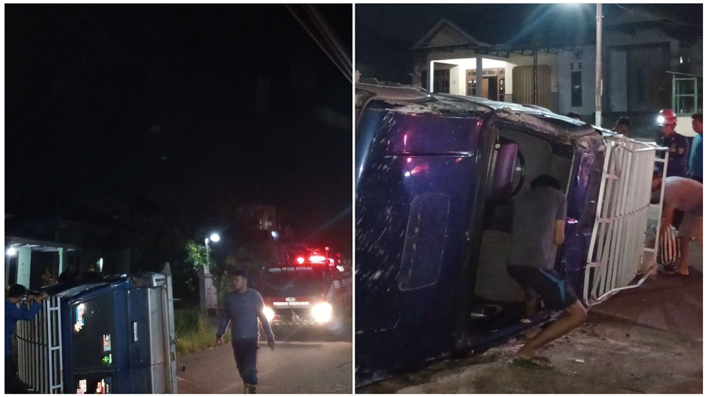 Mobil bermuatan barang terguling di kawasan Sudimoro, Kecamatan Teras, Boyolali, Senin (9/3/2026) dini hari.