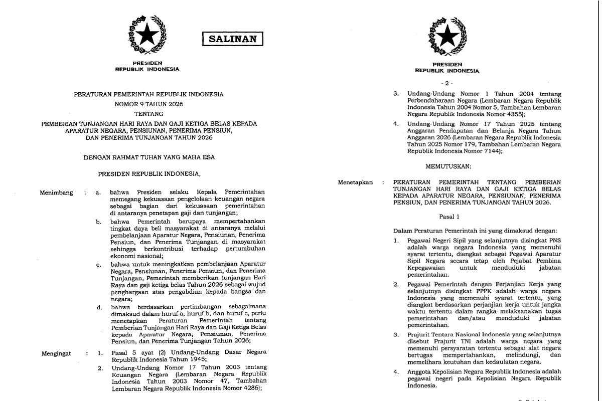 PP Nomor 9 Tahun 2026 Terbit: Ini Daftar ASN, TNI, Polri dan Pensiunan yang Berhak Terima THR dan Gaji ke-13
