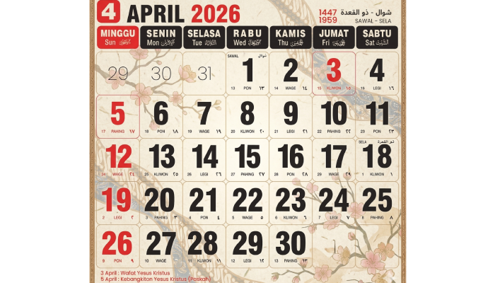 Kalender bulan April 2026.