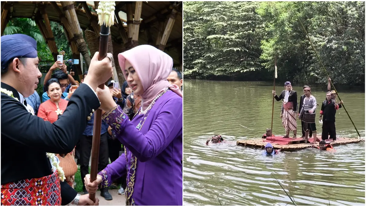 Wakil Walikota Solo Astrid Widayani serahkan tombak yang akan digunakan dalam fragmen perjalanan Joko Tingkir yang menyeberangi danau di dalam kawasan Solo Safari menggunakan&nbsp;getek (rakit) bambu dalam tradisi Grebeg Syawal, Sabtu (28/3/2026). (ISTIMEWA)