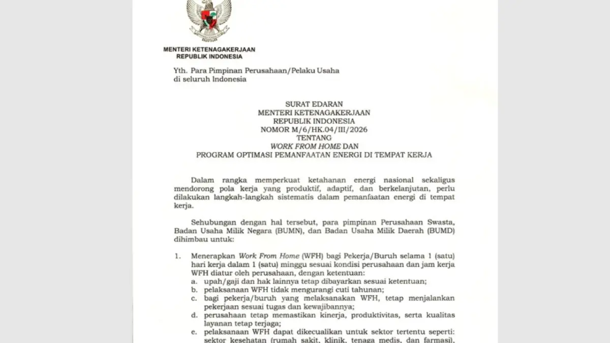 SE Menaker tentang WFH karyawan swasta, BUMD dan BUMN