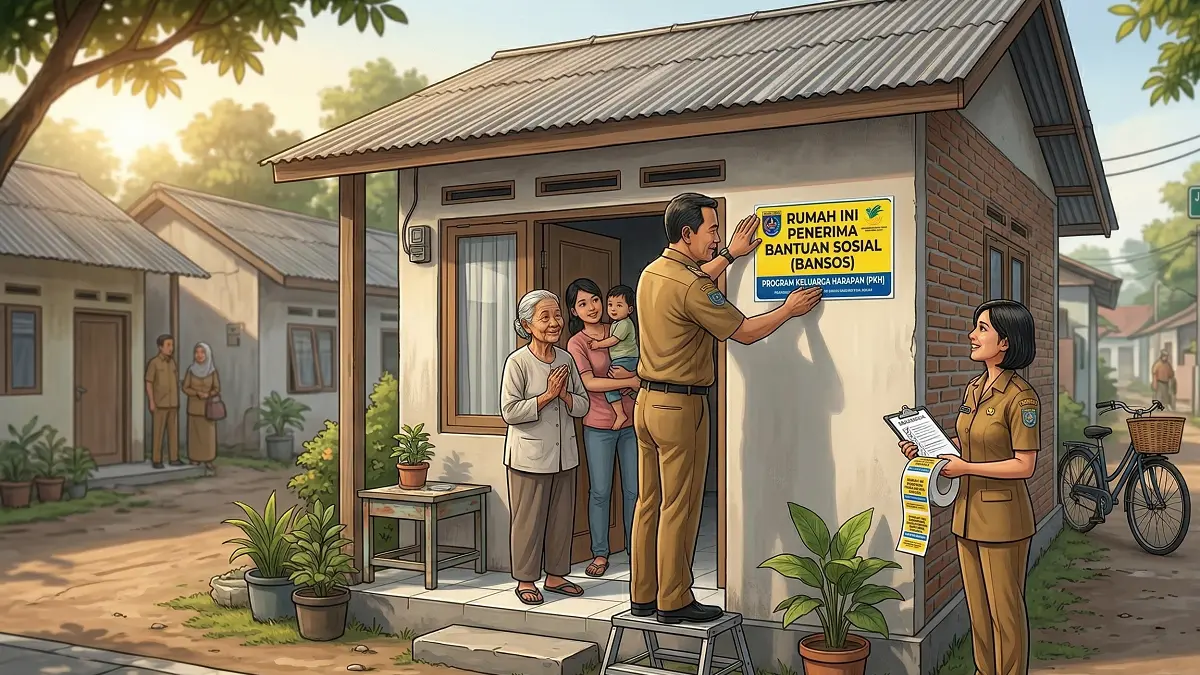 Ilustrasi petugas menempelken stiker Bansos di rumah penerima bantuan. (AIGENERATED/GEMINI)