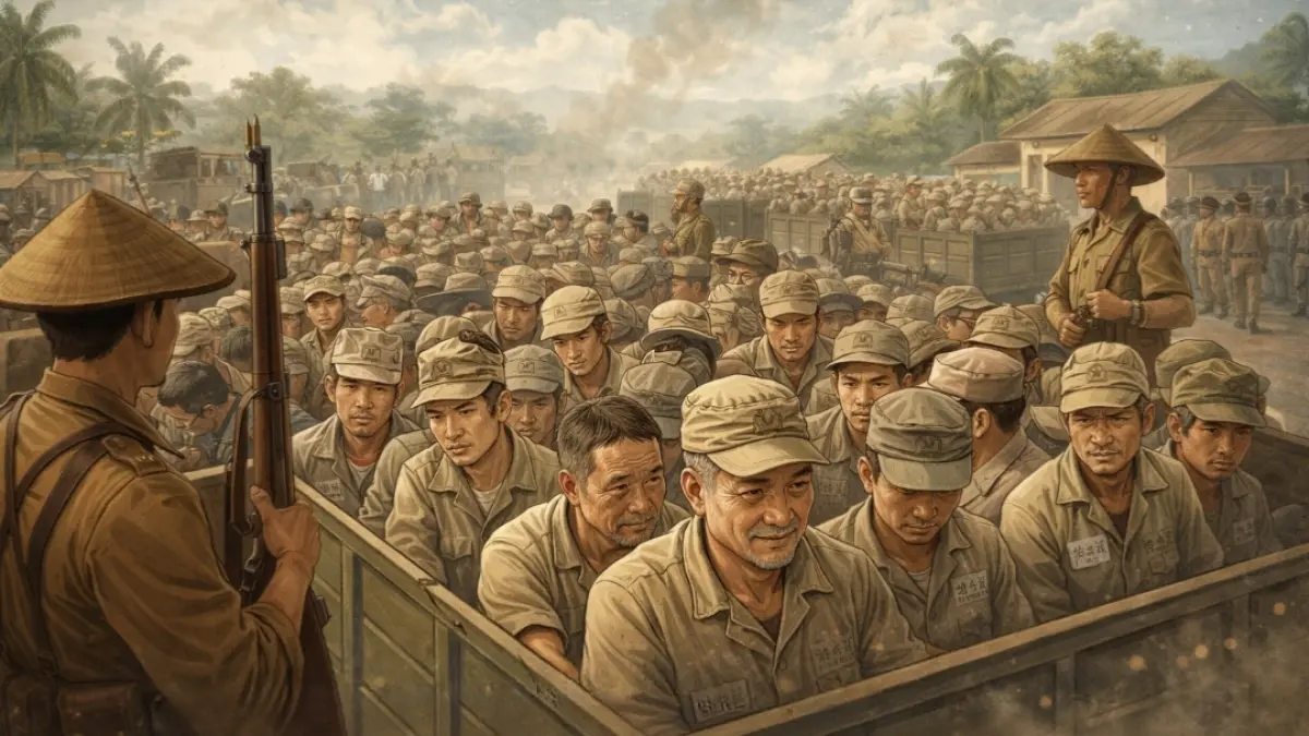 Ilustrasi sekira 1.200 tawanan tentara Jepang dipindahkan dari wilayah Malang menuju Probolinggo dan Pasuruan. (AI) 