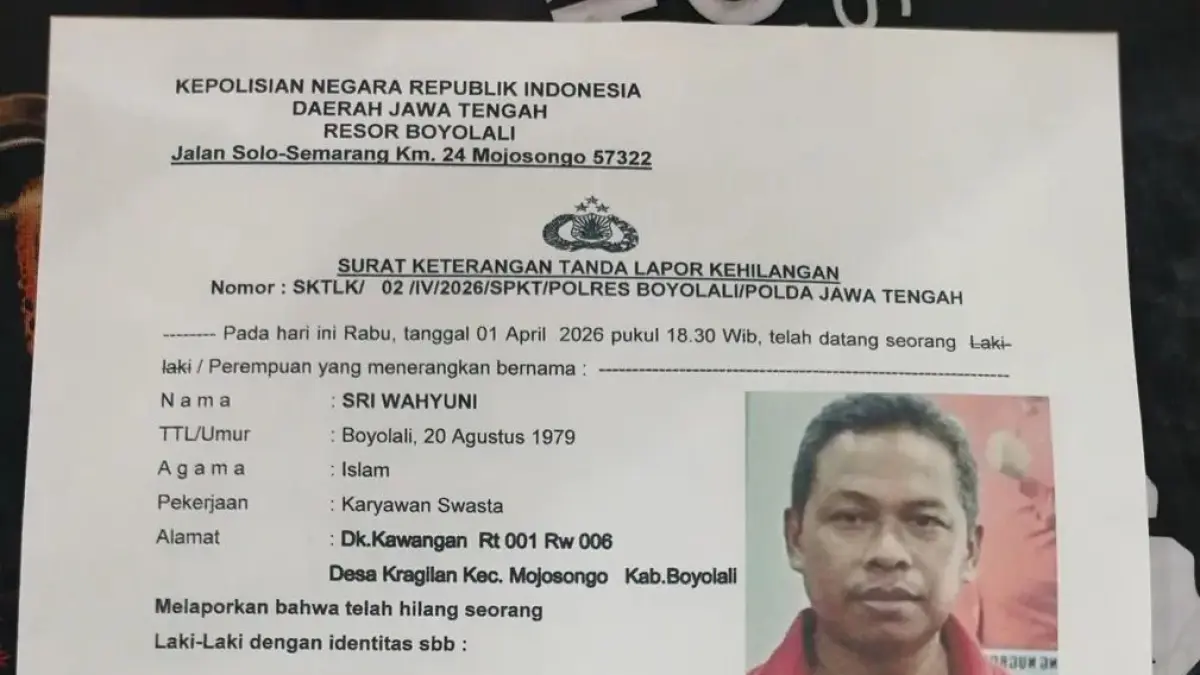 Laporan orang hilang atas nama Lilik Juliyanto (53) warga Kawangan RT 001/RW 006, Desa Kragilan, Kecamatan Mojosongo ke Polres Boyolali. (ISTIMEWA)