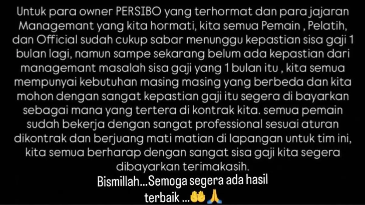 Postingan Baru Nugroho soal peninggalan gaji pemain Persibo Bojonegoro. (INSTAGRAM BAYU NUGROHO) 