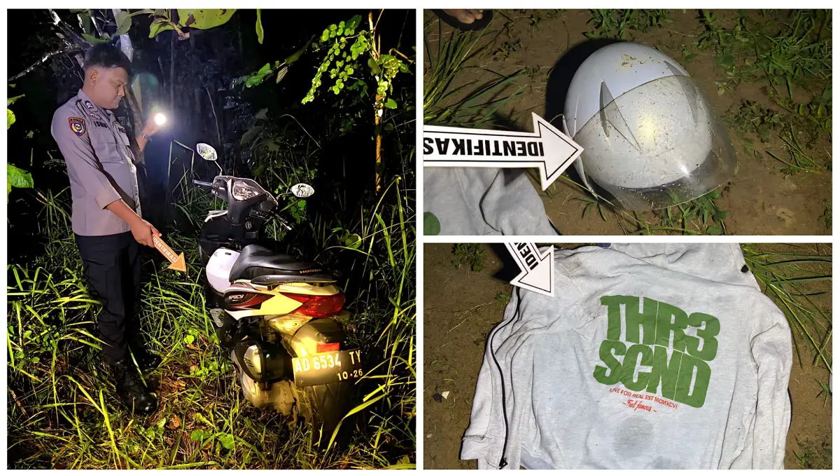 Sepeda motor misterius, helm, dan jaket yang ditemukan di kawasan hutan Nguntoronadi, Wonogiri. Polisi masih mencari pemiliknya. (ISTIMEWA)