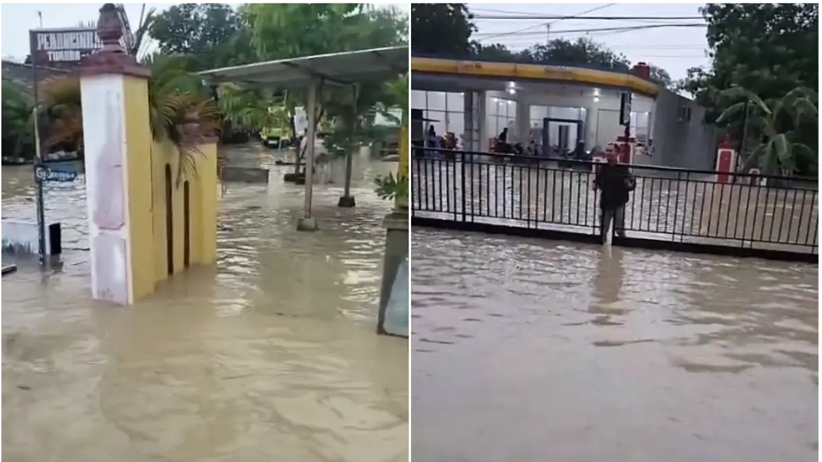 Banjir menggenangi jalan utama Kecamatan Juwangi Boyolali dan merendam pemukiman warga, khususnya di wilayah Desa Pilangrejo, Jumat (10/4/2026). (TANGKAPAN LAYAR)