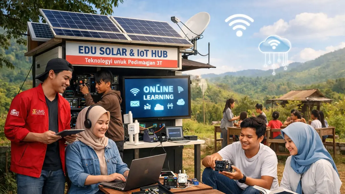 Ilustrasi pemanfaatan Edu Solar dan IoT Hub Karya Mahasiswa UMS untuk kegiatan belajar mengajar (KBM) di wilayah 3T. (DOK. PRIBADI)