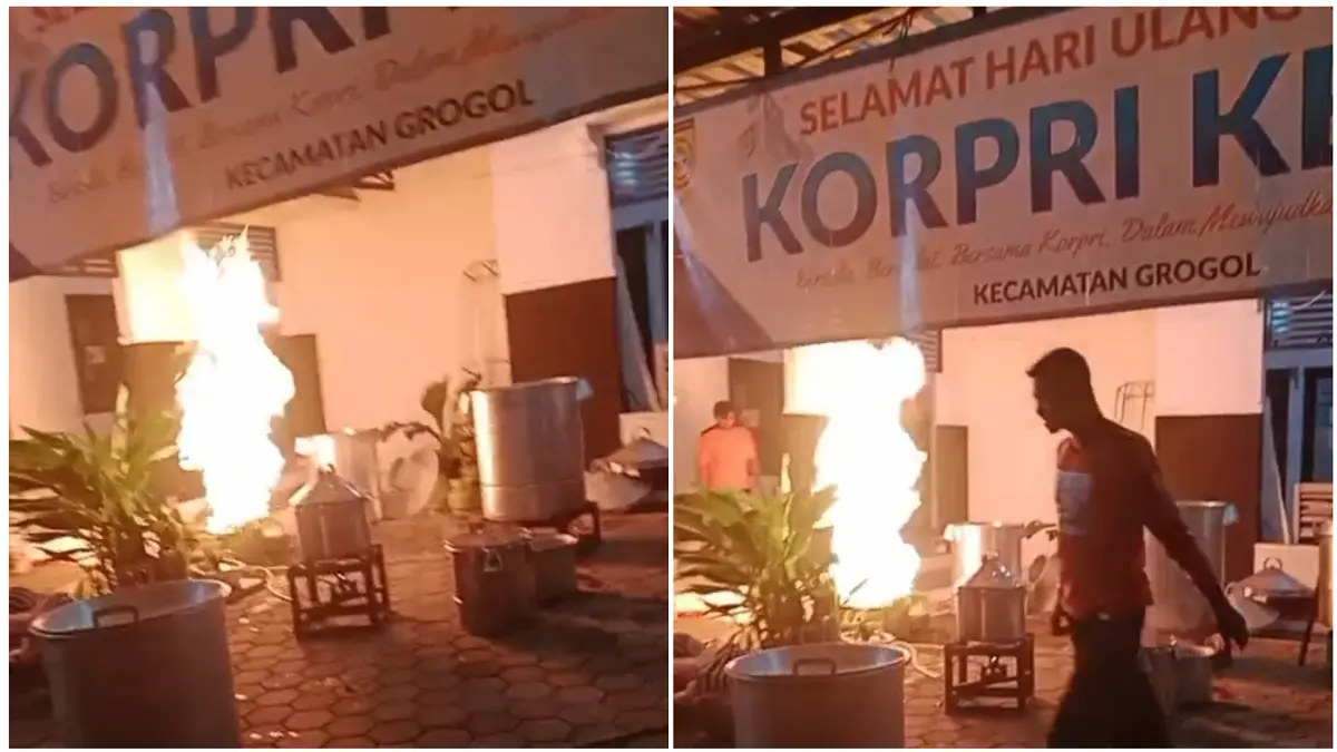 Kompor dapur umum untuk penanganan banjir di Kantor Kecamatan Grogol, Sukoharjo meleduk, Rabu (15/4/2026) malam. (TANGKAPAN LAYAR VIDEO WARGA)