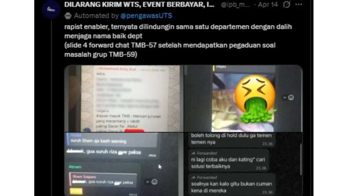 Potongan percakapan bernada pelecehan di grup chat mahasiswa IPB. (X  @ipb_menfess)
