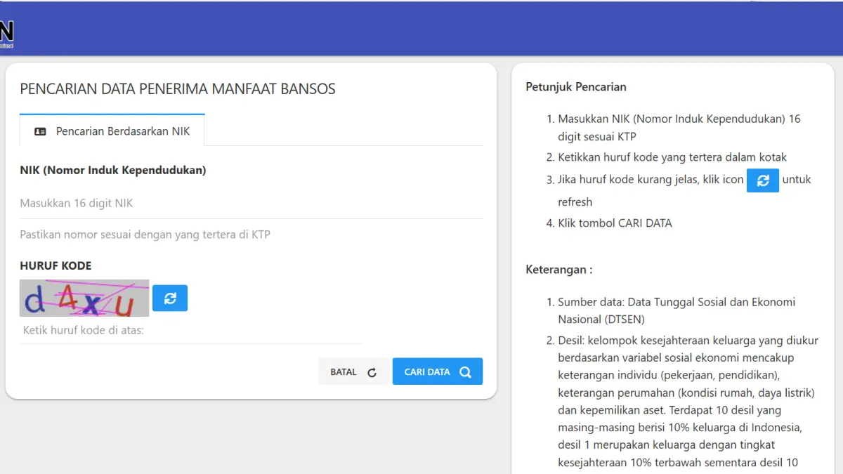 Tangkapan layar laman cekbansos.kemensos.go.id pada 18 April 2026. 