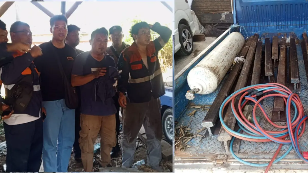 Dua rayap besi pelaku pencurian rel KA jalur Solo-Jogja diamankan warga Desa Luwang, Gatak, Sukoharjo beserta barang bukti hasil curian dan pikap, Sabtu siang (18/4).