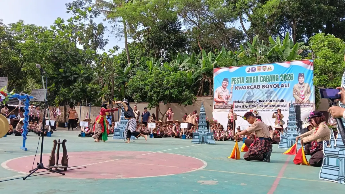 Kwarcab Boyolali sukses menyelenggarakan Pesta Siaga Cabang Tahun 2026 yang dipusatkan di SMKN 1 Sambi, Sabtu (18/4/2026). (ABDUL KHOFID/RADAR SOLO)