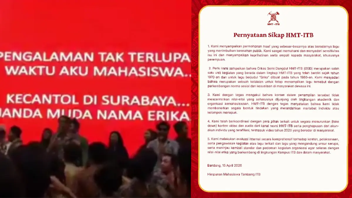 Viral lirik lagu Erika milik HMT ITB dinilai bentuk pelecehan (kiri). Pernyataan sikap dan permintaan maaf HMT ITB (kanan).