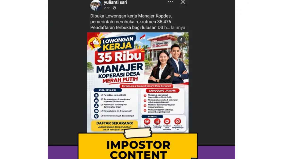 Link palsu rekrutmen Manajer Kopdes Merah Putih yang disebarkan di Facebook. (turnbackhoax.id)