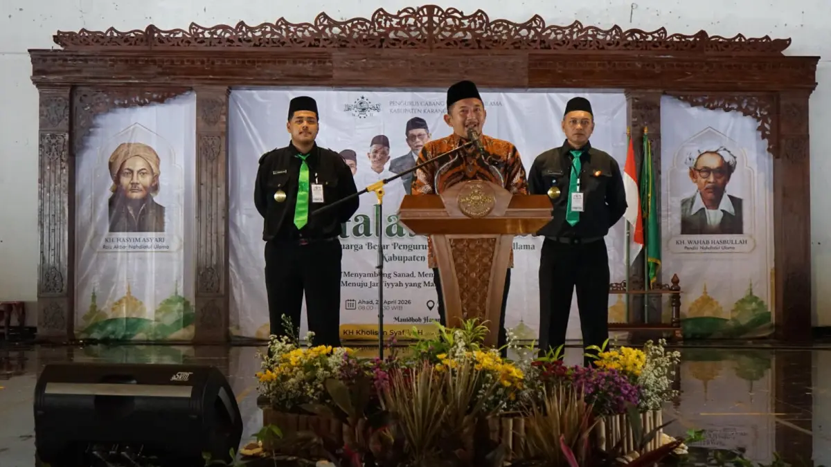 Bupati Karanganyar saat hadir dalam kegiatan PCNU Kabupaten Karanganyar di Gedung Kebudayaan Karanganyar, Minggu (26/4/2026). (RUDI HARTONO/RADAR SOLO)