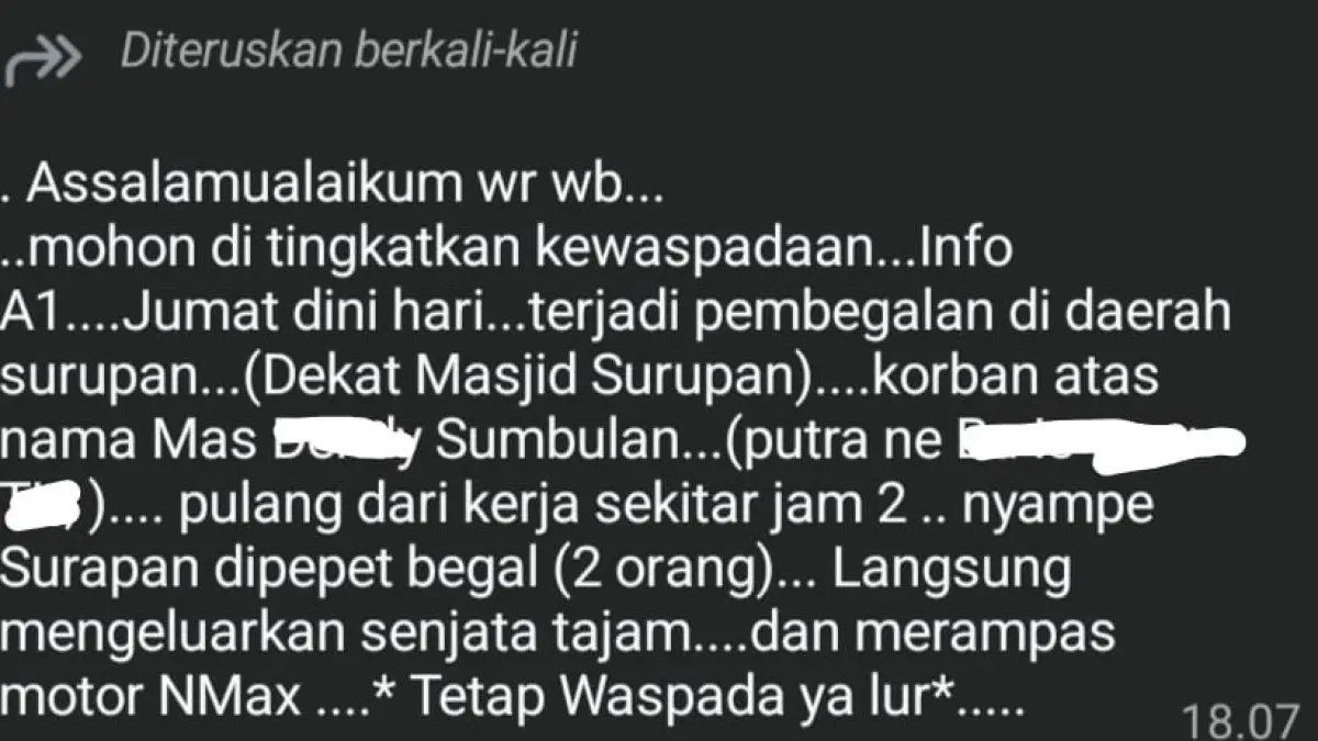 Isi pesan berantai tentang aksi begal di Nguntoronadi, Wonogiri. (TANGKAPAN LAYAR)