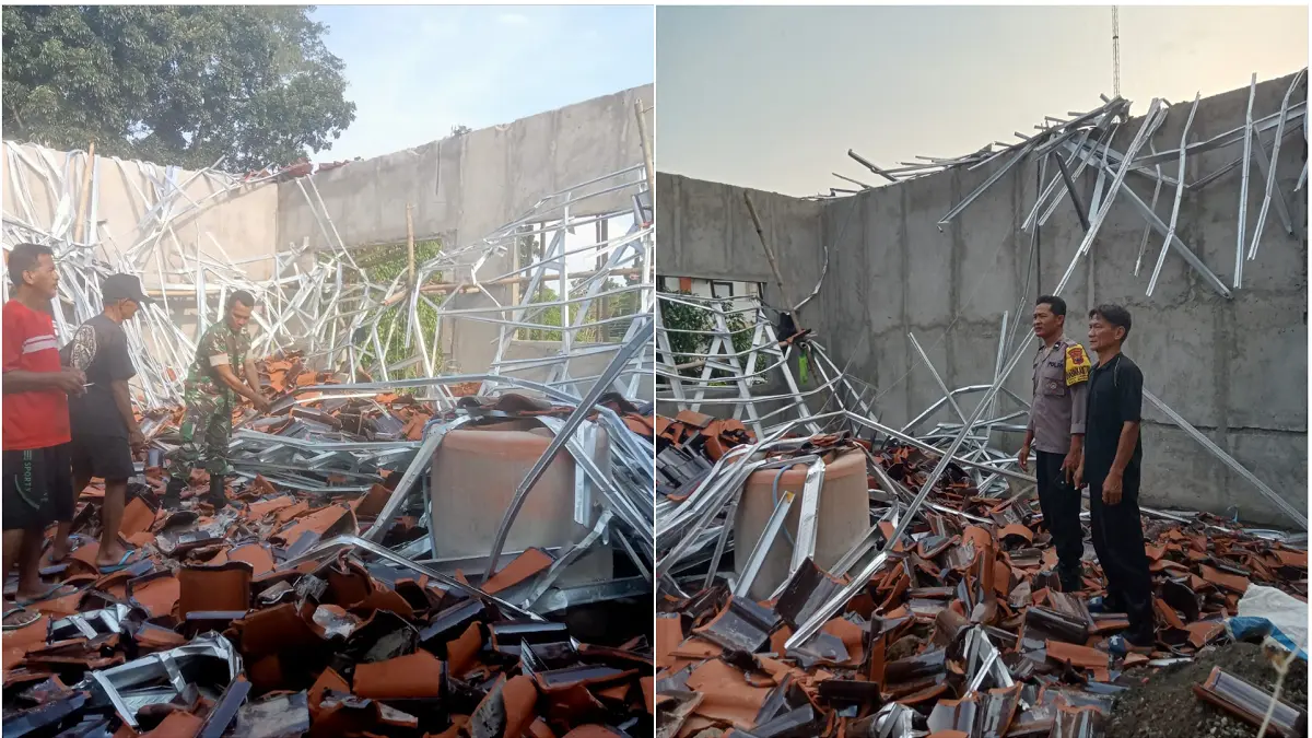 Kerangka atap gedung SMA Unggulan milik Yayasan Tunas Harapan di Desa Kedawung, Kecamatan Mondokan, Sragen yang ambruk. (ISTIMEWA)