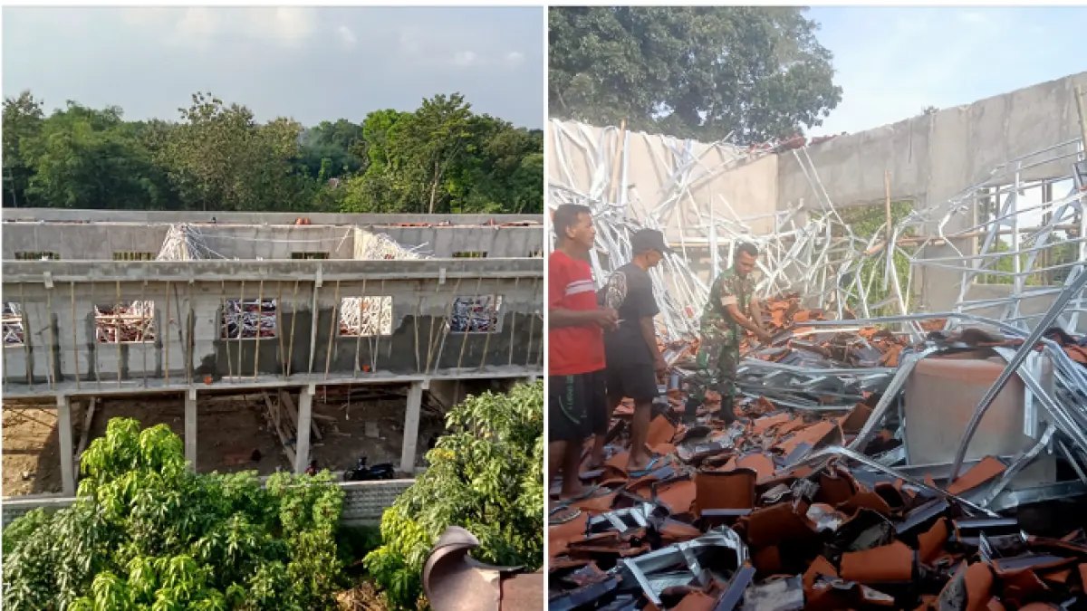 Kondisi kerangka atap SMA Unggulan di Desa Kedawung, Kecamatan Mondokan, Sragen yang roboh, Sabtu (25/6/2026). 