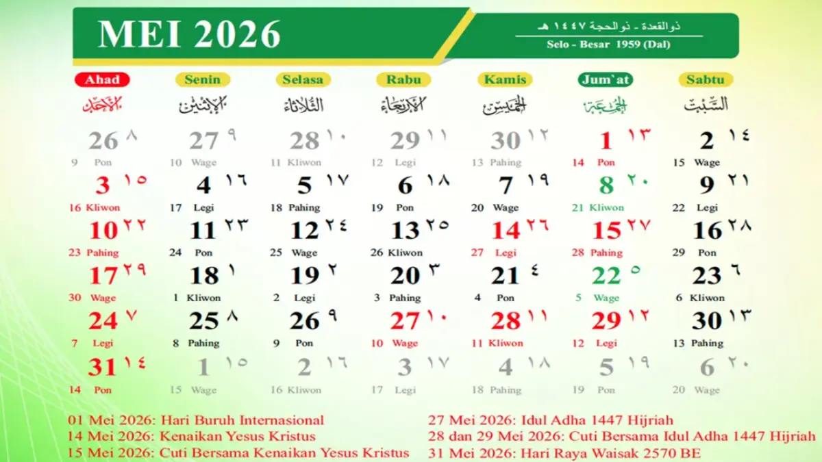 Kalender bulan Mei 2026.