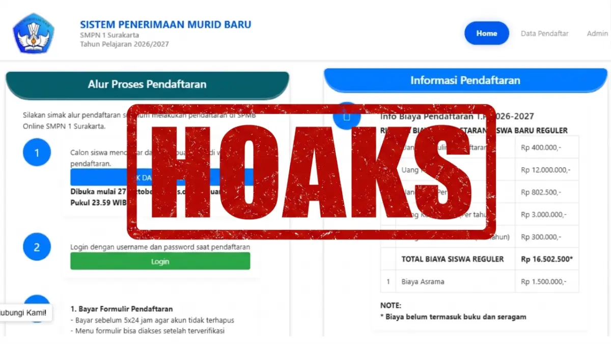 Website mengatasnamakan SPMB SMPN 1 Surakarta hanya situs palsu dengan informasi hoaks.