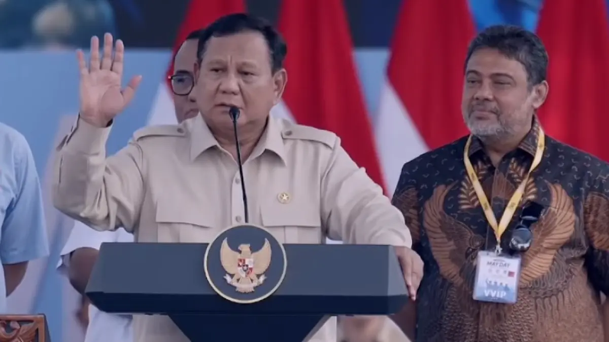 Presiden Prabowo Subianto sampaikan sambutan pada peringatan Hari Buruh di Monas Jakarta, Jumat (1/5/2026). (TANGKAPAN LAYAR) 