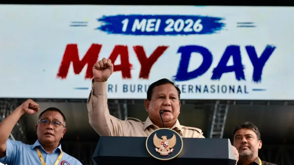 Presiden Prabowo Subianto saat pidato pada peringatan Hari Buruh (May Day) di Monas, Jumat (1/5/2026). (JawaPos.com)