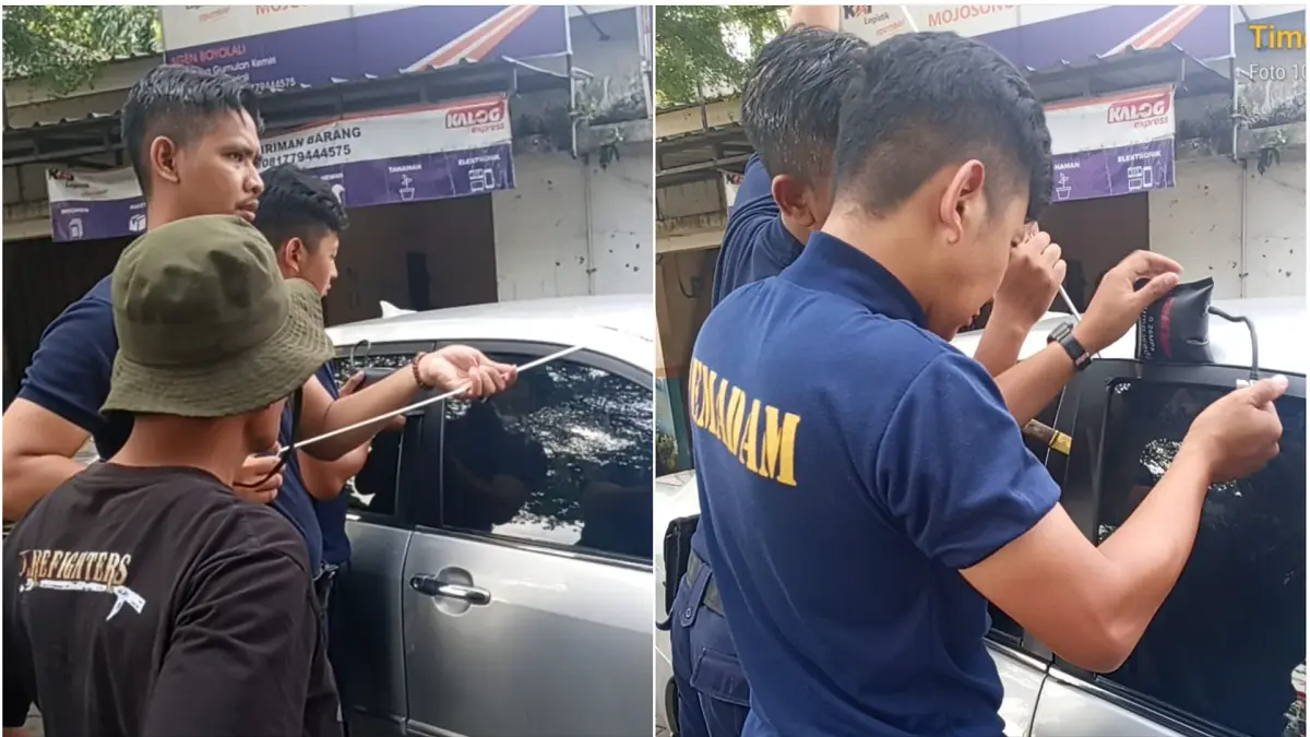 Personel Damkar Boyolali membantu membuka mobil yang terkunci dari dalam di kawasan selatan Kantor Satpol PP Boyolali, Selasa (5/5/2026). (ISTIMEWA)