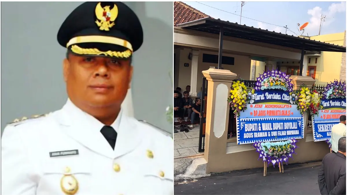  Wakil Bupati Boyolali periode 2010–2015 Agus Purmanto meninggal dunia, Selasa (5/5/2026). Foto kanan, karangan bunga berjejer di sekitar rumah duka.
