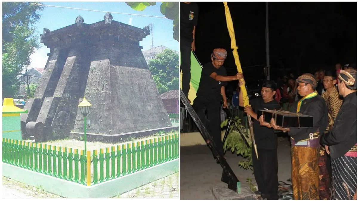 Tugu Pusaka di depan Kantor Kecamatan Selogiri, Kabupaten Wonogiri tempat menyimpan pusaka Pangeran Sambernyawa. Foto kanan, pusaka Pangeran Samber Nyawa dikeluarkan dari Tugu Pusaka untuk dijamas. (ISTIMEWA)