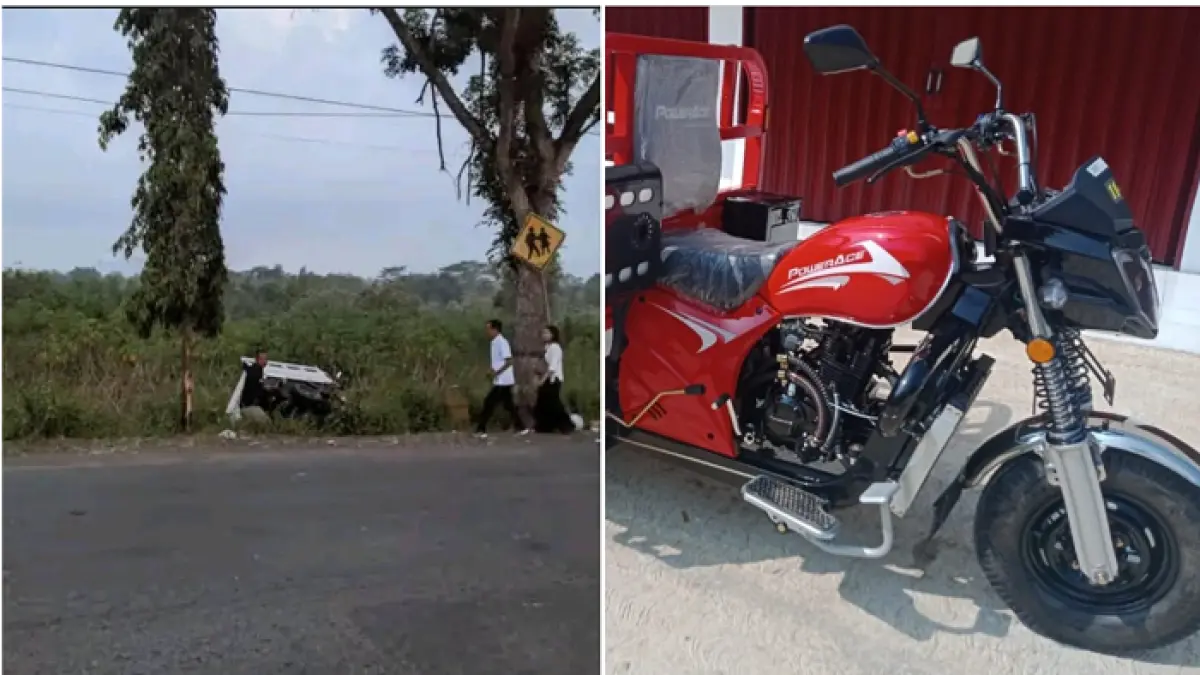 Motor roda tiga Koperasi Desa/Kelurahan Merah Putih (KDKMP) milik Desa Sukoharjo, Kecamatan Tirtomoyo, Wonogiri nyungsep ke tegalan. Foto kanan, kondisi saat baru diterima. (ISTIMEWA) 