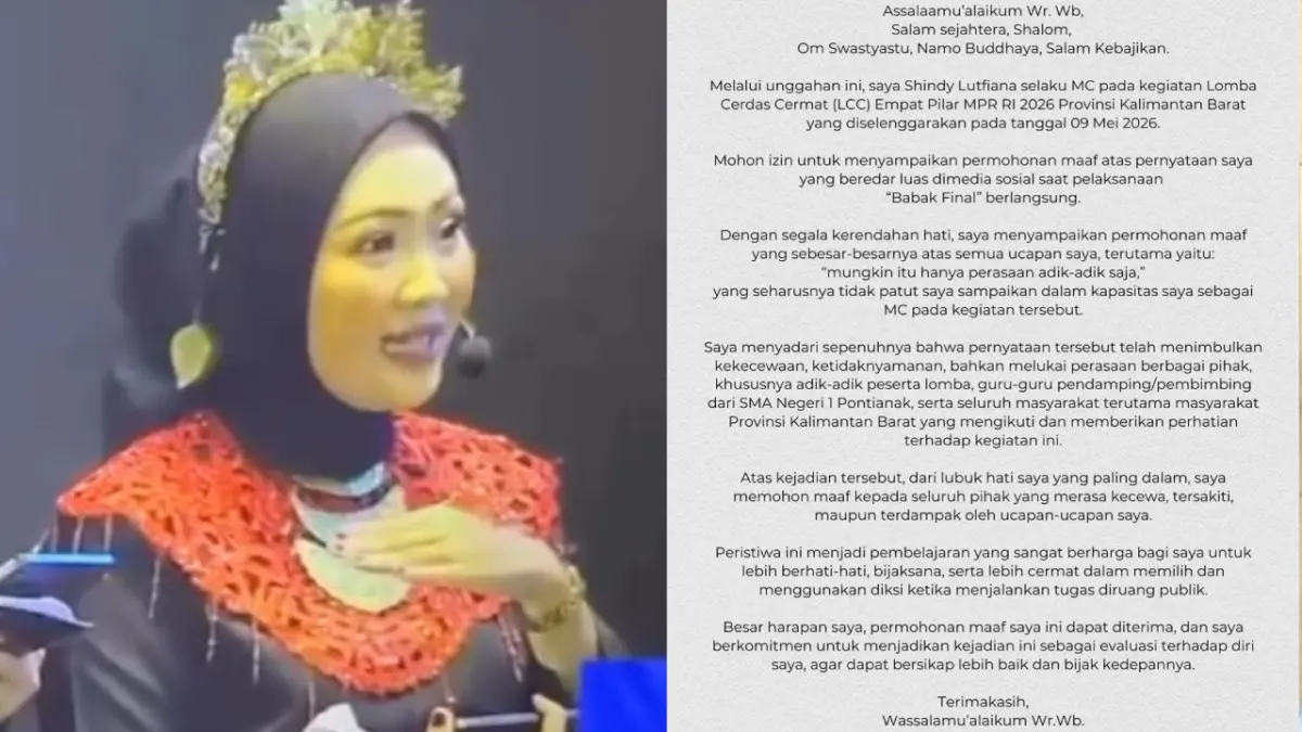 Shindy Lutfiana, MC Lomba Cerdas Cermat 4 Pilar MPR RI menyampaikan permintaan maaf.&nbsp;&nbsp;