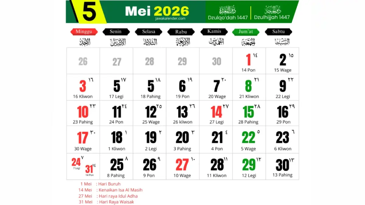 Kalender bulan Mei 2026.