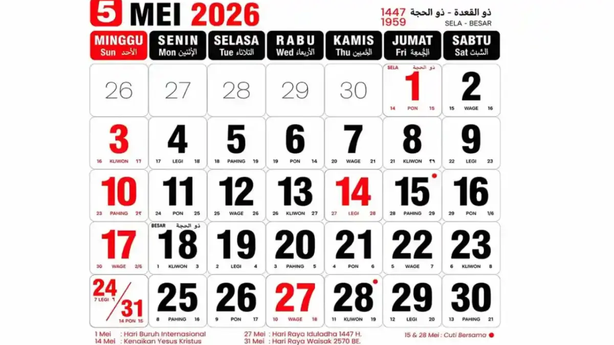 Kalender bulan Mei 2026.