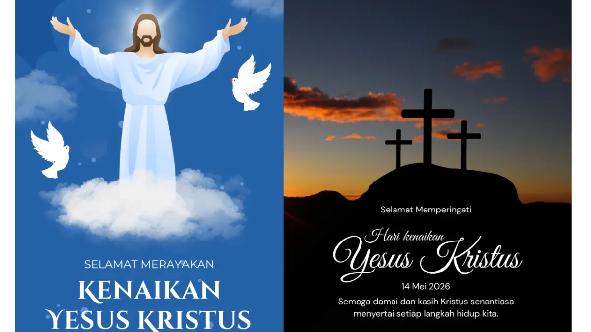 Poster ucapan Kenaikan Yesus Kristus 2026. (Gevariel Azka & Jonajona/canva.com)