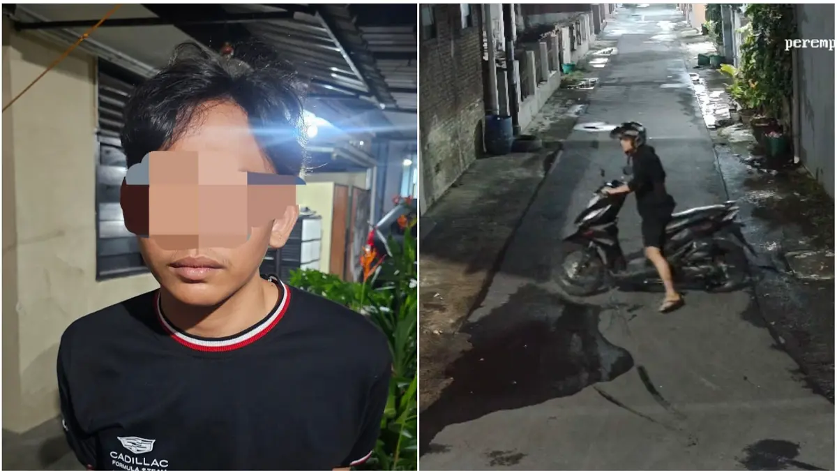 M, 23, warga Walantaka, Kota Serang, Banten ditangkap polisi karena diduga mencuri sepeda motor di Pajang, Kota Solo. (Foto kanan, M, saat beraksi). (ISTIMEWA)
